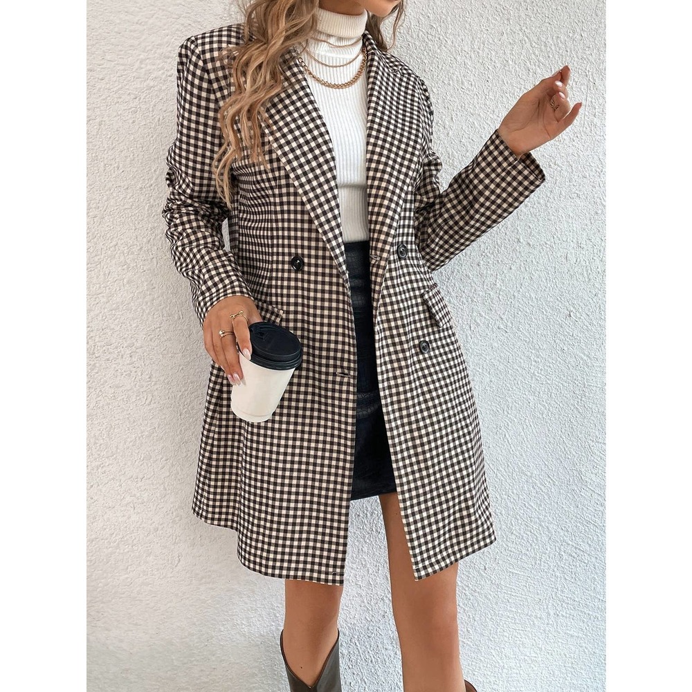 Gingham Print plaid oversized Blazer brown tan academia - Picture 1 of 6